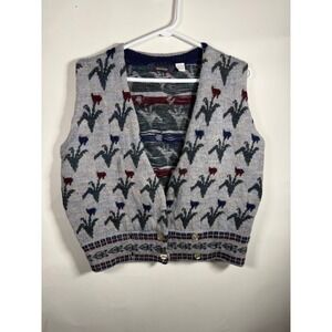 Mark Shale Vintage Wool Knit Sweater Vest Grey Floral Tulip Button Front Large